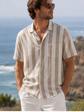Mutual Weave Linen Blend Stone Stripe Button Up Shirt XL Coastal Resort